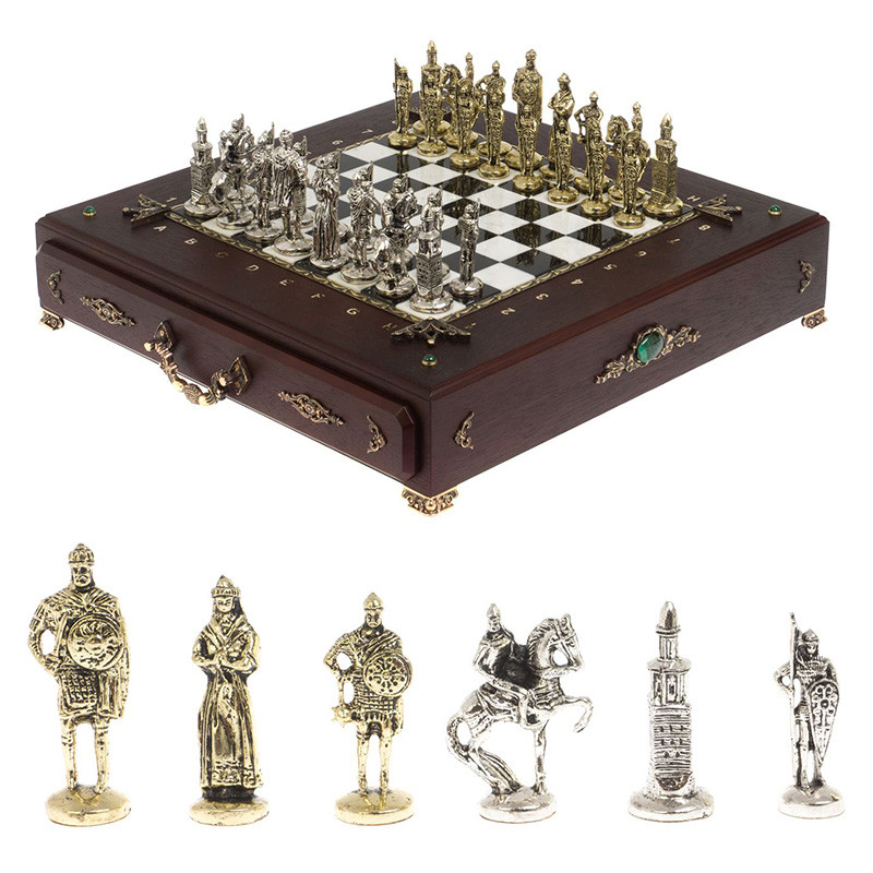 Шахматы в ларце из натуральных камней Долерит Малахит Мрамор Decorative Thematic Chess Русь