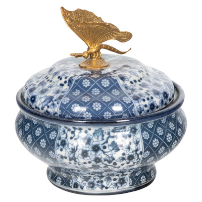 Шкатулка c крышкой фарфоровая с синим орнаментом Bronze Butterfly