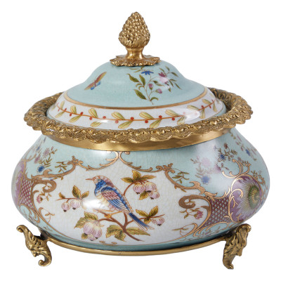 Шкатулка с крышкой из голубого фарфора с риунком птиц и цветов Blue Garden