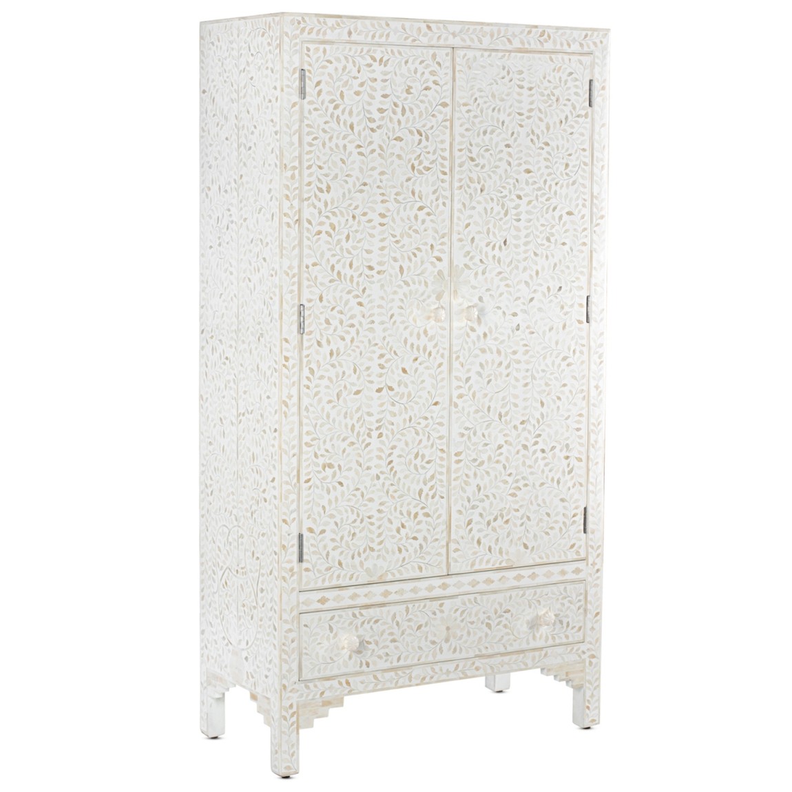 Шкаф белый узор отделка кость White Bone Inlay Almirah Cupboard 1 DRAWER