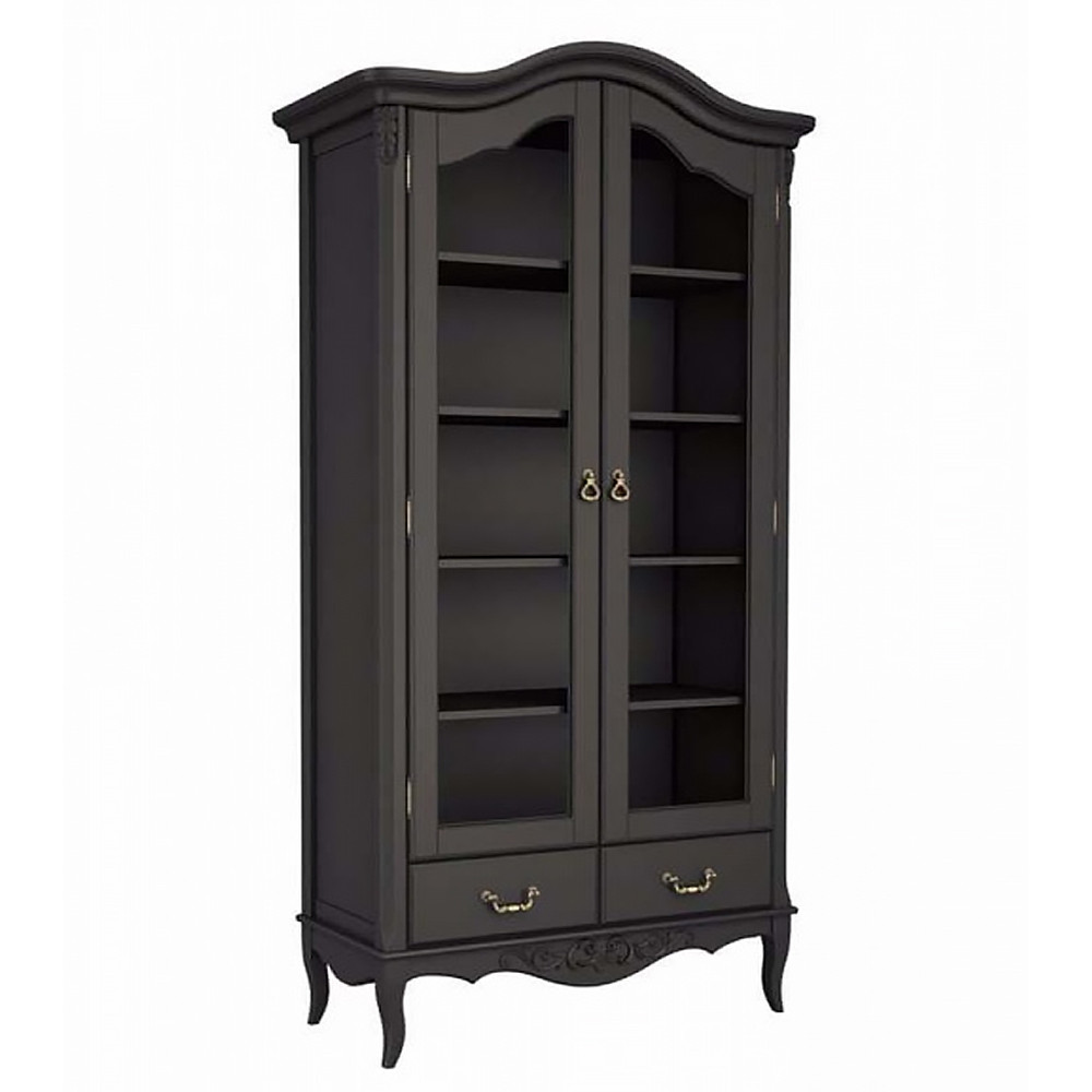 Шкаф книжный черный из массива бука со стеклянными дверцами и 5-ю полками Black Provence