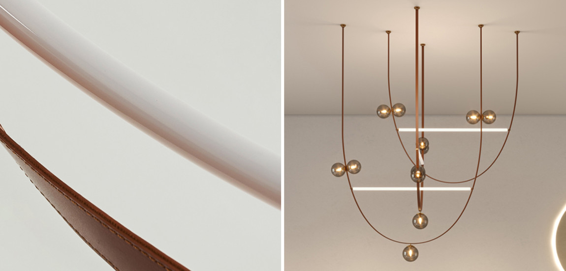 FABIUS Серия светильников с комбинацией шарообразных и трубчатых источников света на подвесных кожаных ремнях