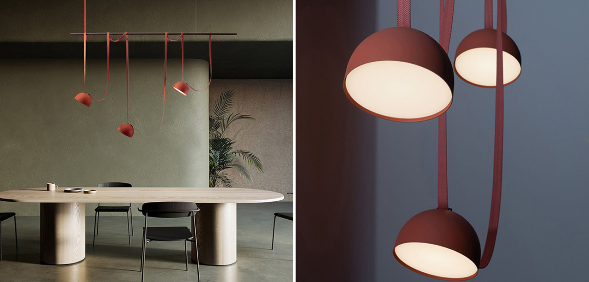 Vibia PLUSMINUS комбинация подвесных светодиодных светильников c красными абажурами на черной рейке с текстильными ремнями