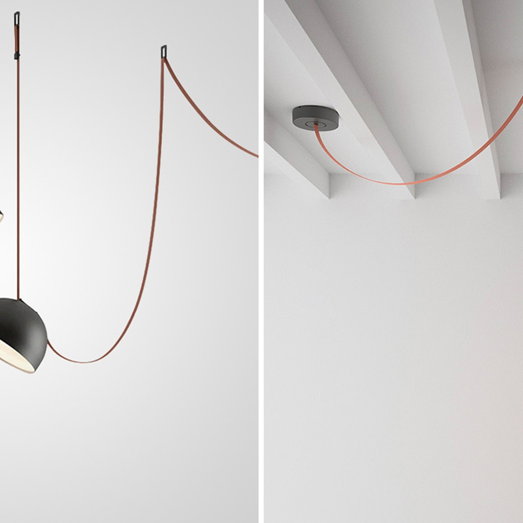 Vibia PLUSMINUS Подвесной светодиодный светильник c черным абажуром на красном текстильном тросе