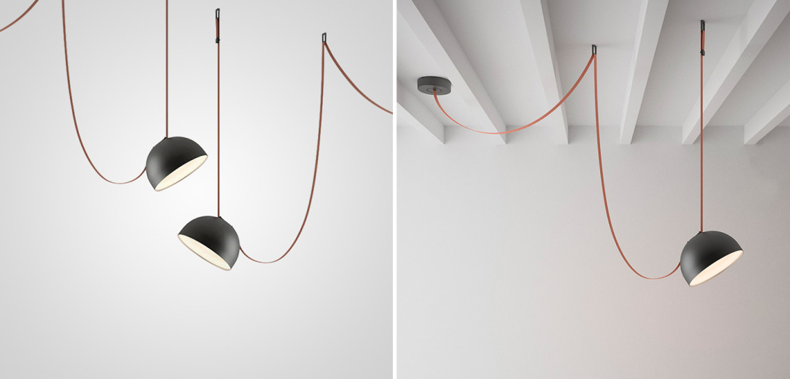 Vibia PLUSMINUS Подвесной светодиодный светильник c черным абажуром на красном текстильном тросе