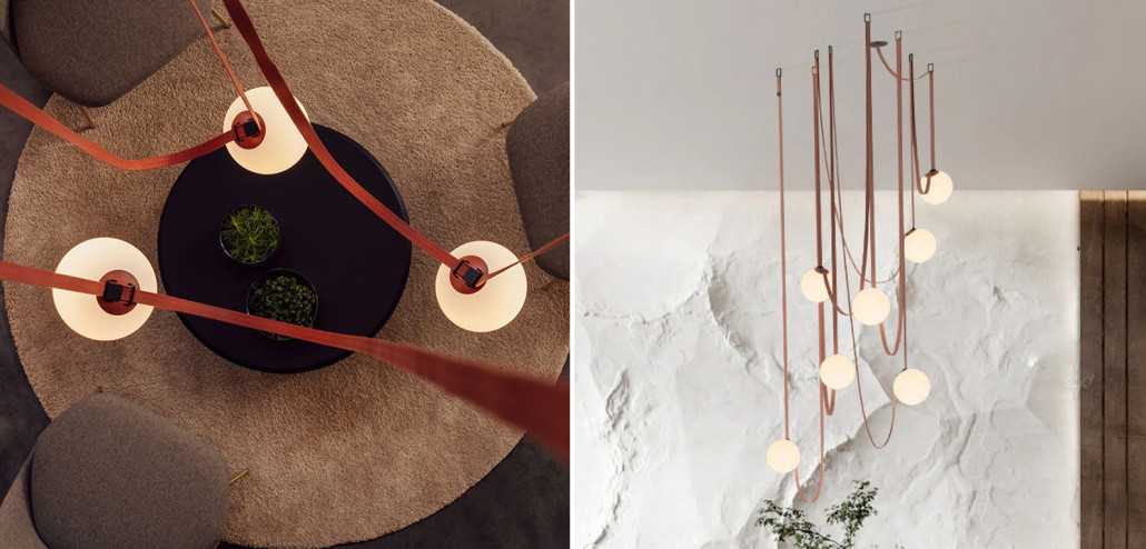 Vibia PLUSMINUS Серия подвесных светильников с белыми шарообразными плафонами из стекла на красных текстильных ремнях