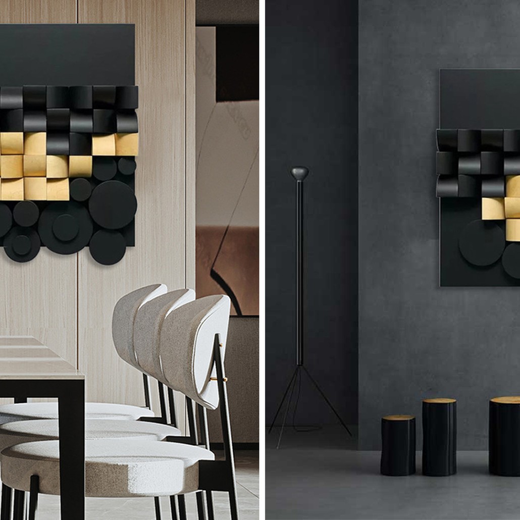 Арт-объект на стену из дерева черно-золотой Black and Gold Art Object