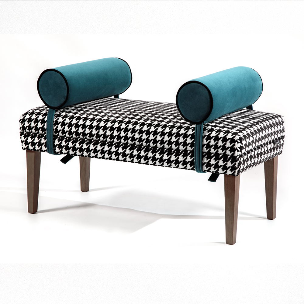 Банкетка Banquette PIED DE POULE с принтом гусиная лапка и синими подлокотниками