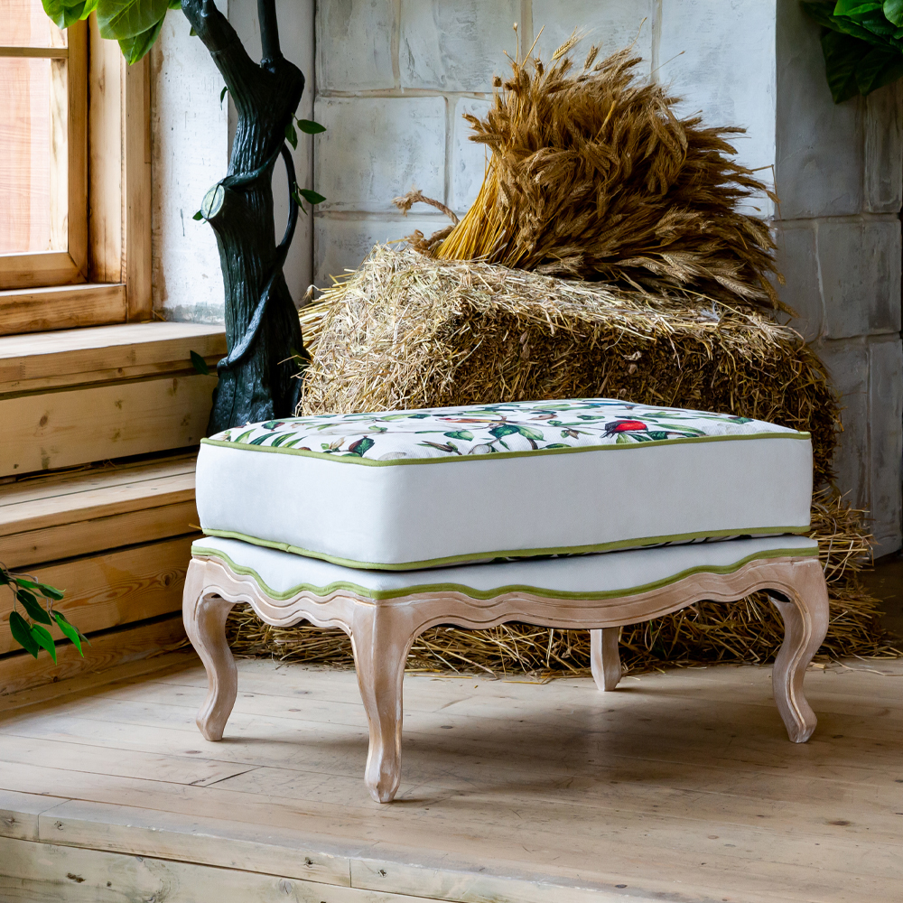 Банкетка золотистая из натурального бука с изображением птиц и цветов Blooming Birds