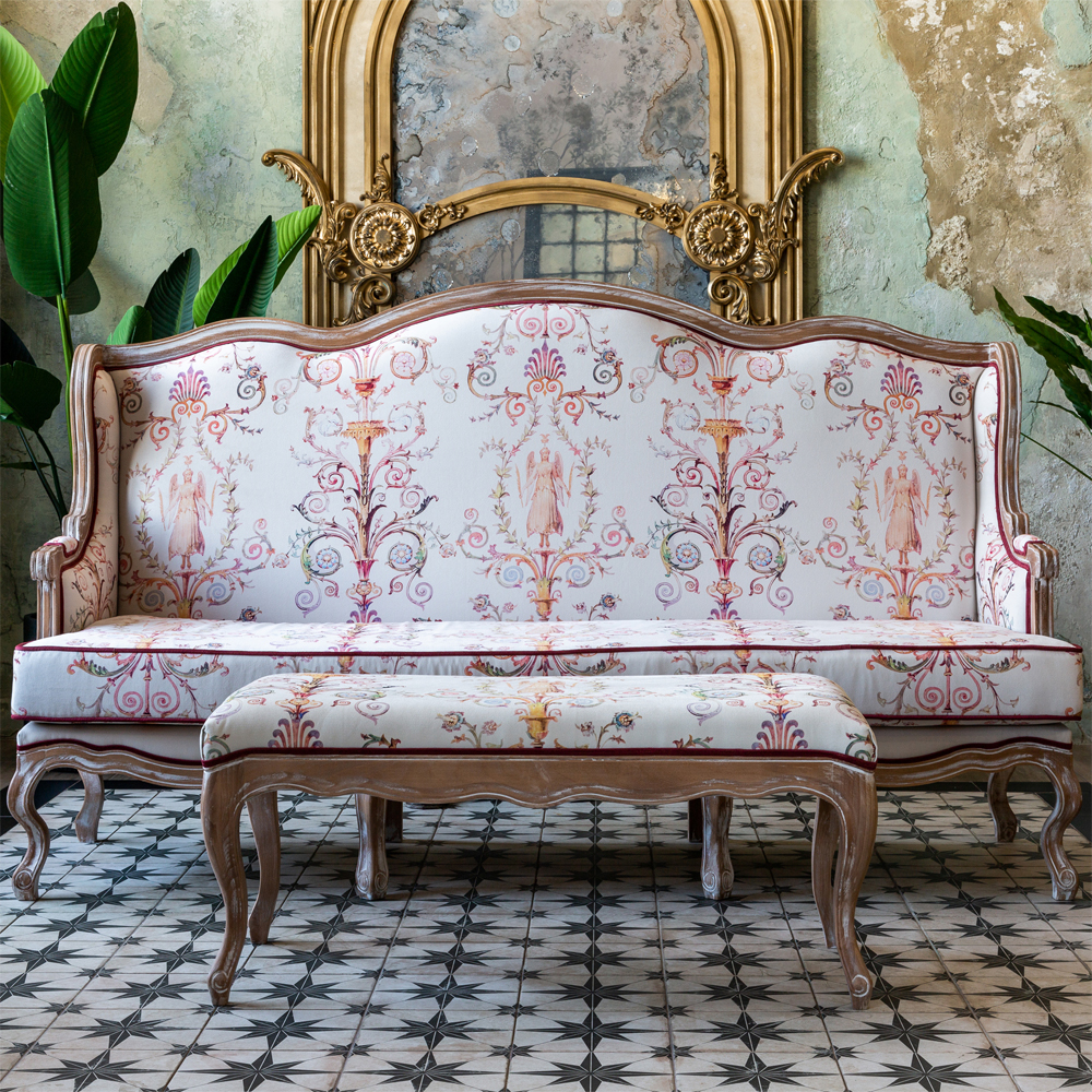 Банкетка из массива бука бежевая с растительным орнаментом Raffael Beige Floral Banquette