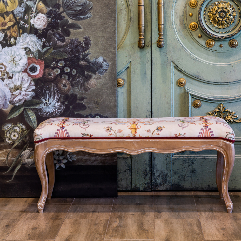 Банкетка из массива бука бежевая с растительным орнаментом Raffael Beige Floral Banquette