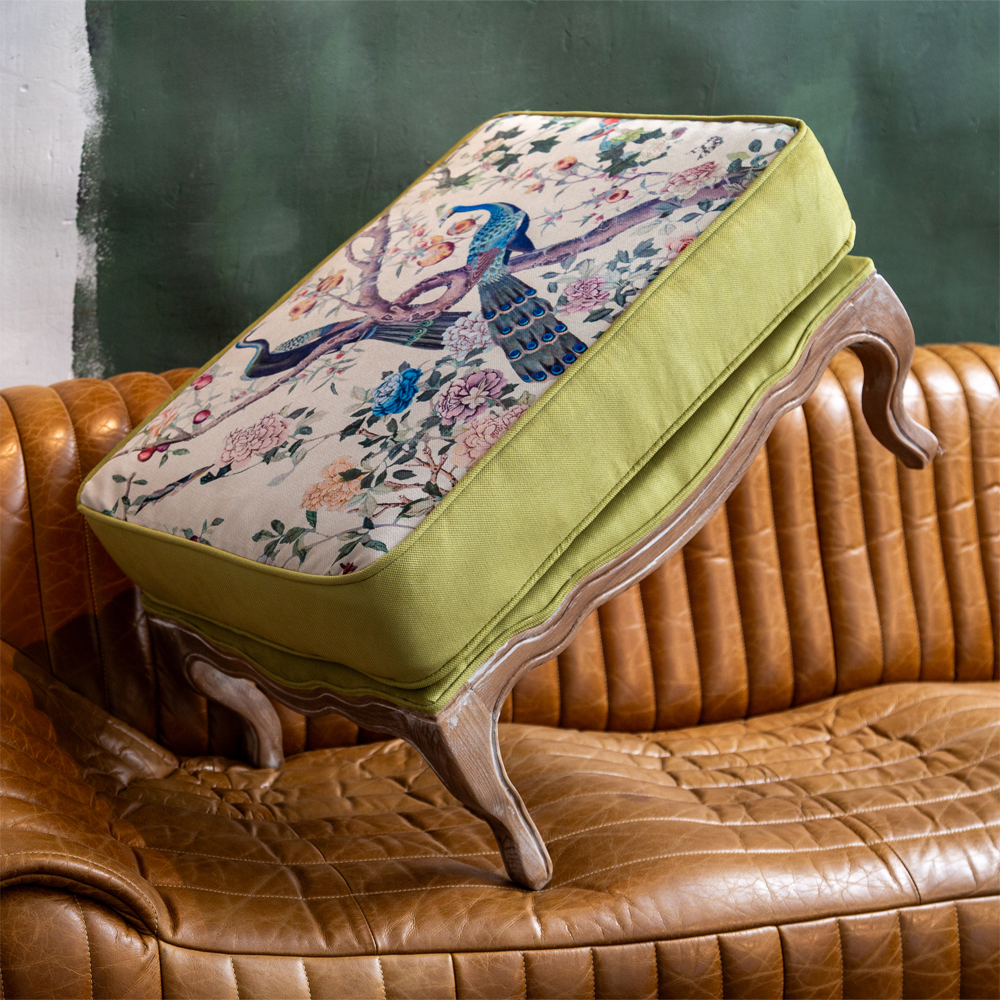 Банкетка из массива бука с изображением птиц и цветов Beige Green Chinoiserie Garden Banquette