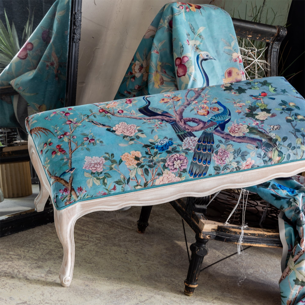Банкетка из массива бука с цветочным принтом Turquoise Beige Chinoiserie Garden Banquette