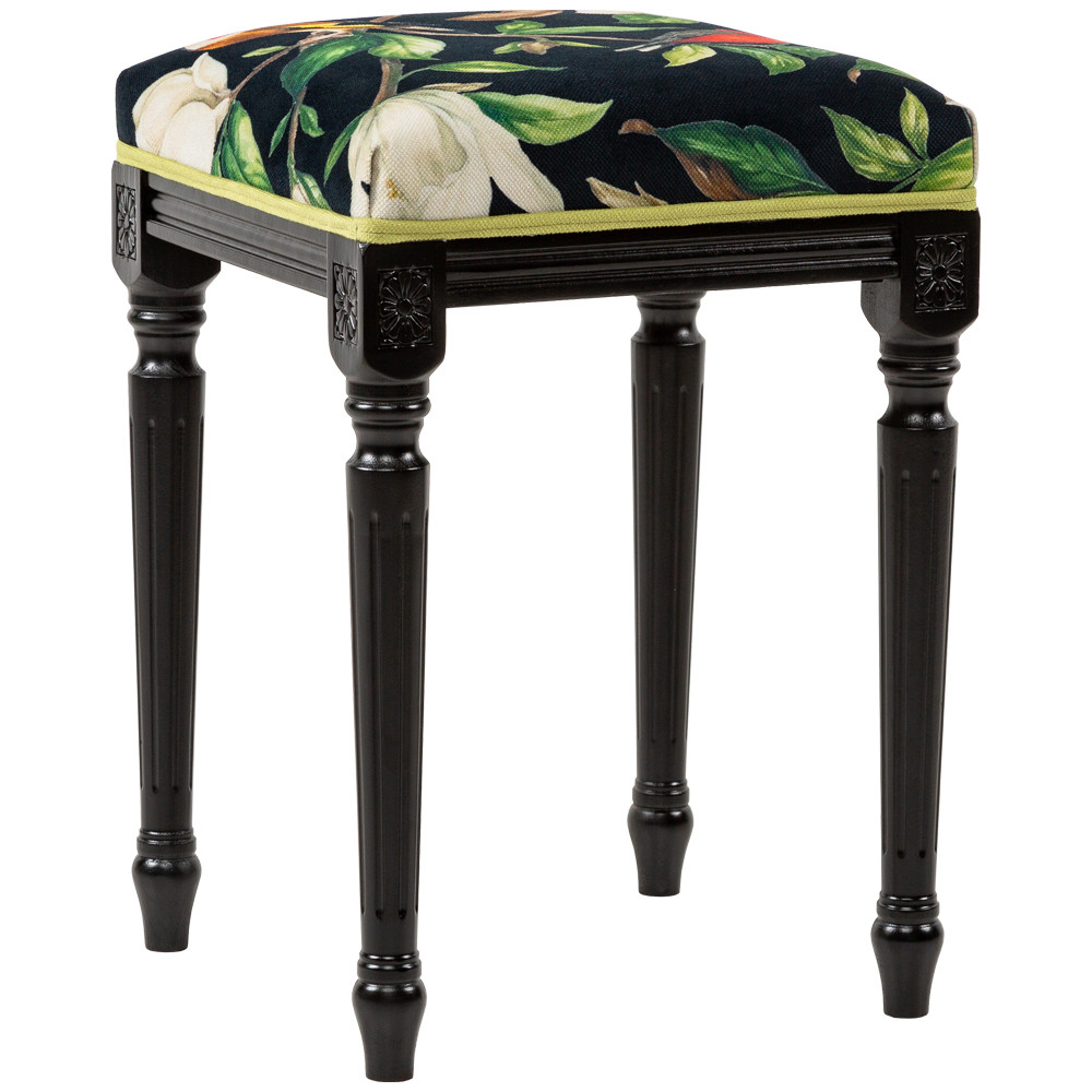 Банкетка из натурального бука черная с изображением птиц и цветов Blooming Birds2