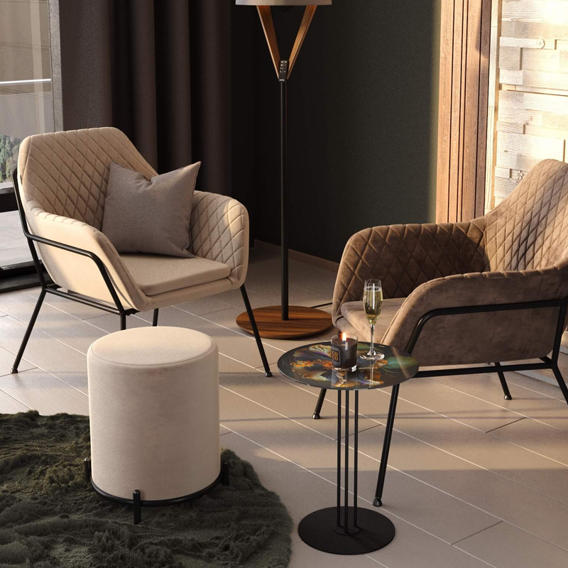 Банкетка круглая бежевый велюр на 4-х металлических ножках черного цвета SANJAY