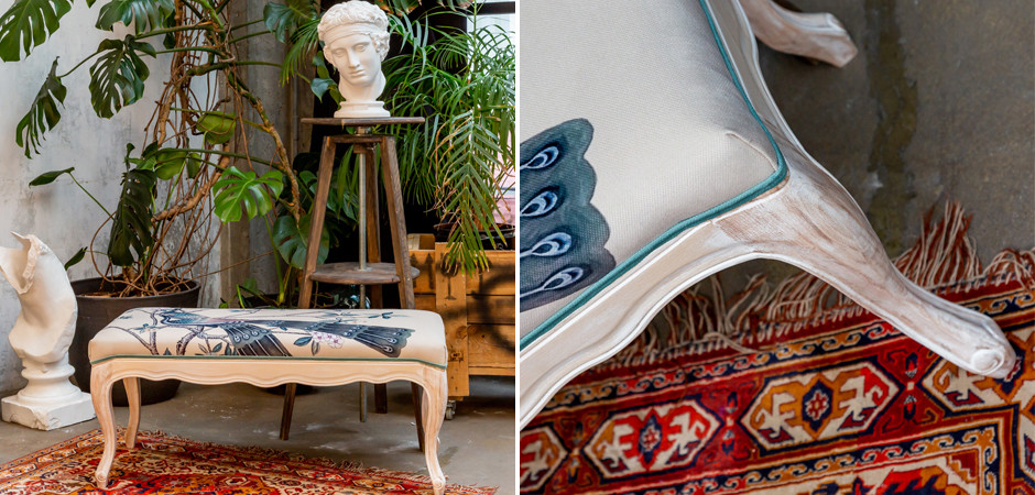 Банкетка с синими павлинами Emperor's Bird 100 см