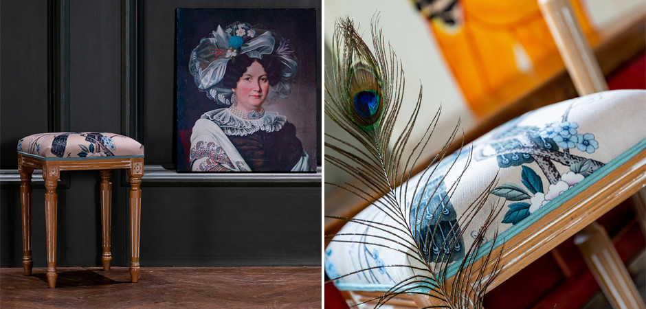 Банкетка с синими павлинами Emperor's Bird 34 см