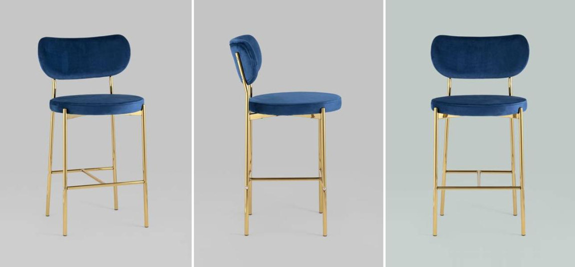 Барный Стул Alfie Chair Золотые ножки Синий Велюр