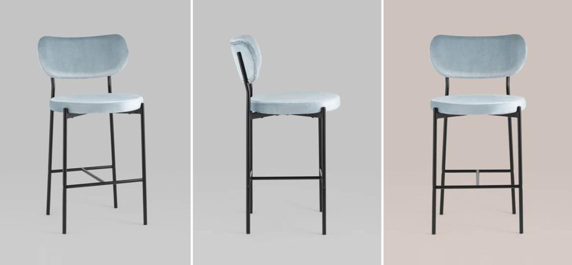 Барный Стул Alfie Chair Черные ножки Голубой Велюр