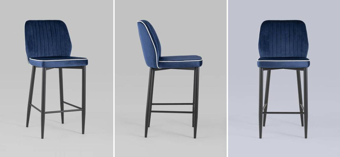 Барный Стул Lawrence Chair Синий Велюр Белый кант