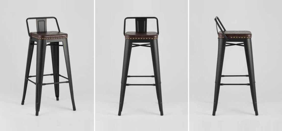 Барный Стул Tolix Черный Матовый Металл Сидение Коричневая Экокожа