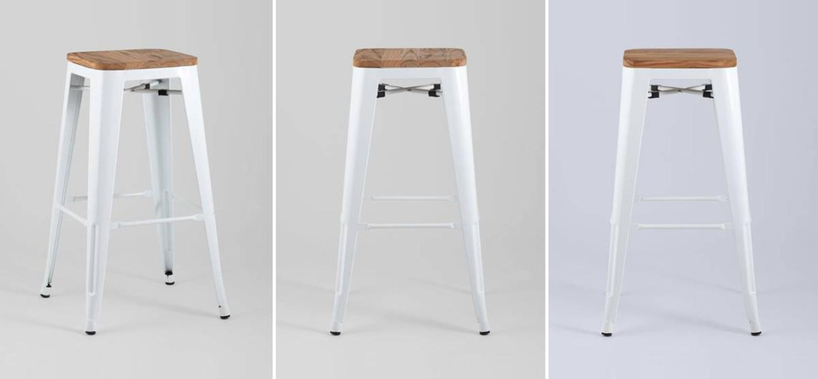 Барный Стул без Спинки Белый Глянцевый Металл  Деревянное Сидение