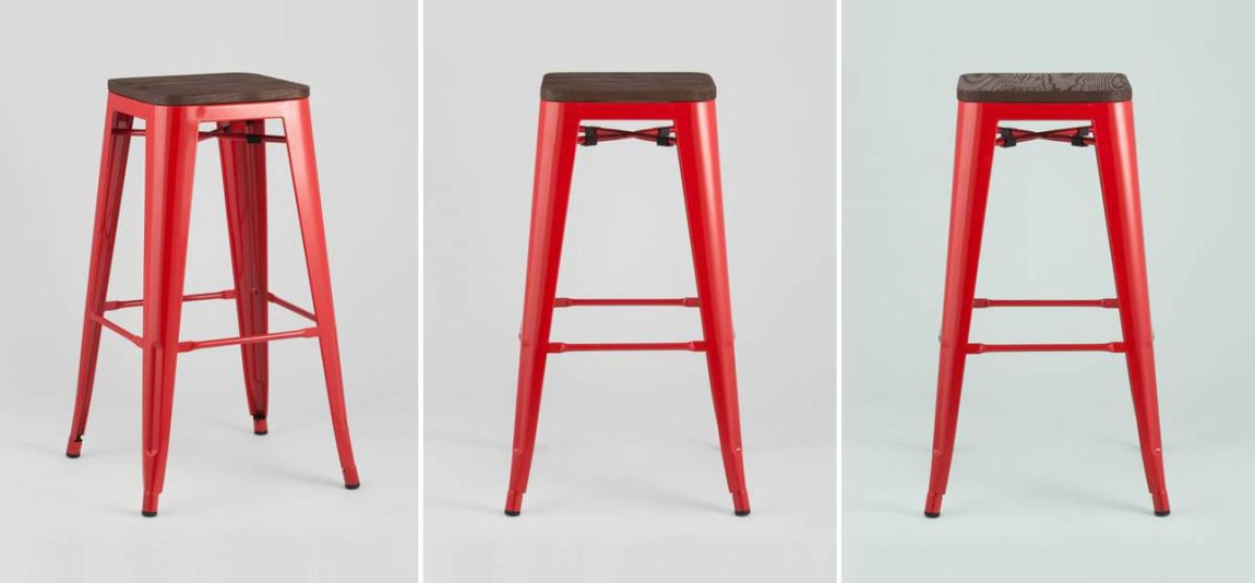 Барный Стул без Спинки Красный Металл  Деревянное Сидение