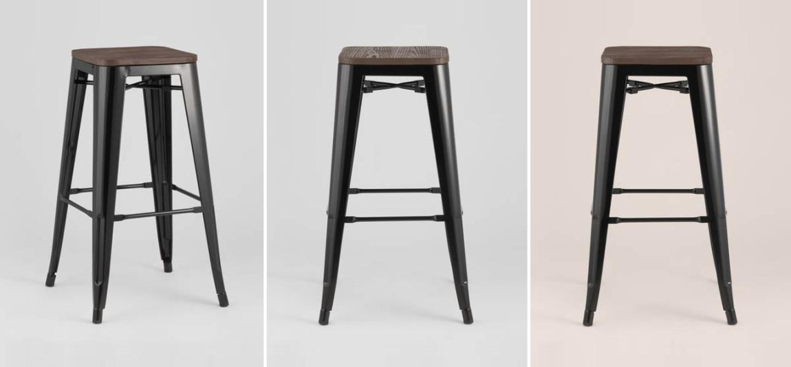 Барный Стул без Спинки Черный Матовый Металл  Деревянное Сидение