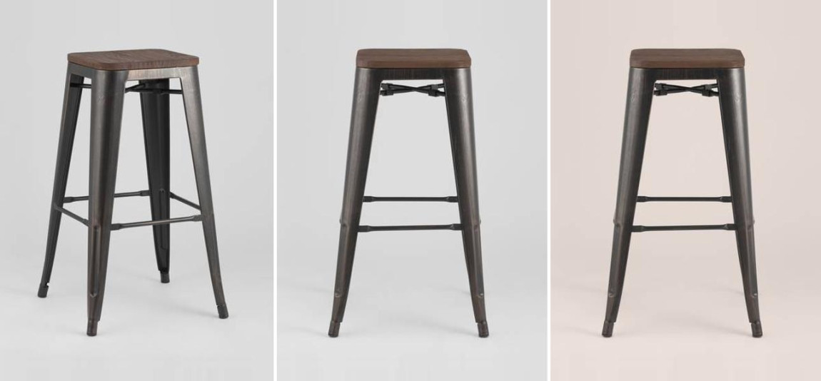 Барный Стул без Спинки Черный Металл с Золотой Патиной Деревянное Сидение