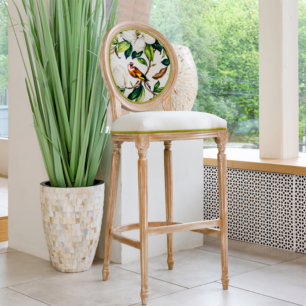 Барный стул золотистый из натурального бука с изображением птицы и цветов Blooming Birds