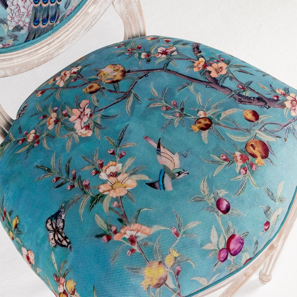 Барный стул из массива бука с изображением птиц и цветов Turquoise Beige Chinoiserie Garden Chair