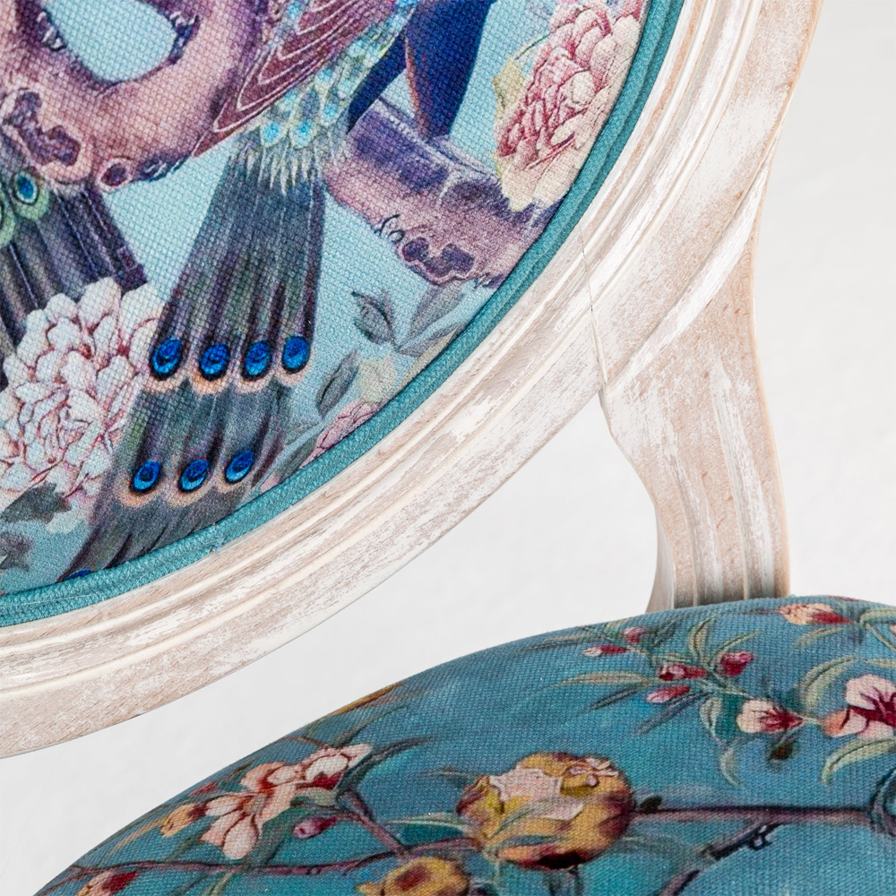 Барный стул из массива бука с изображением птиц и цветов Turquoise Beige Chinoiserie Garden Chair