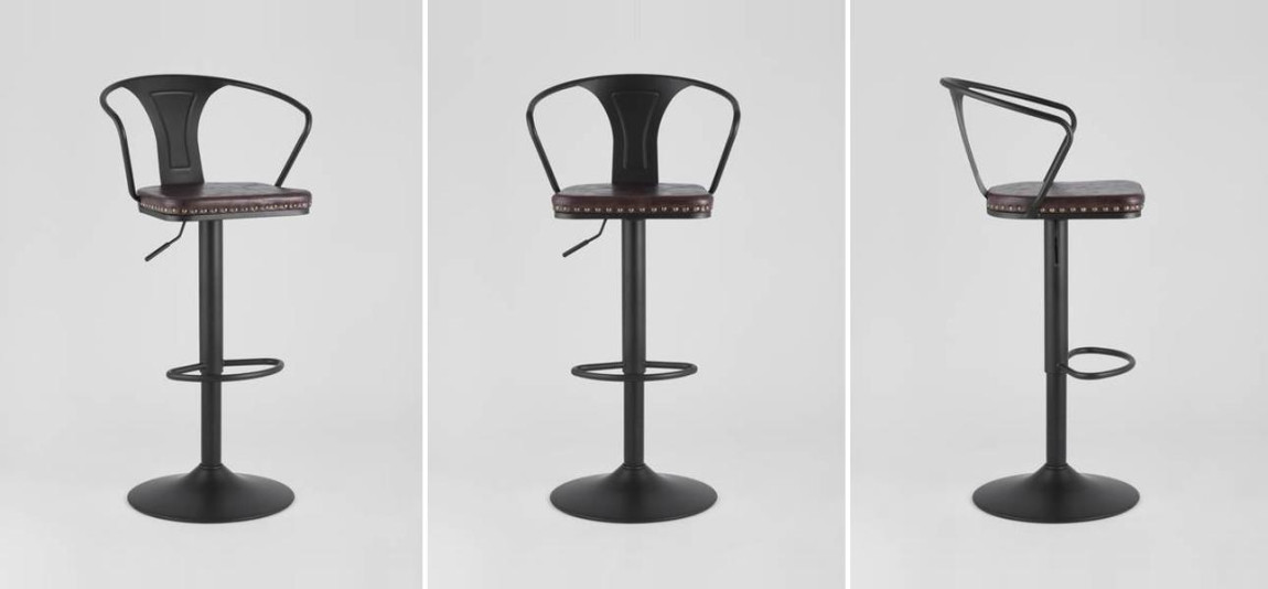 Барный Стул с Подлокотником Tolix Черный Матовый Металл Сидение Коричневая Экокожа