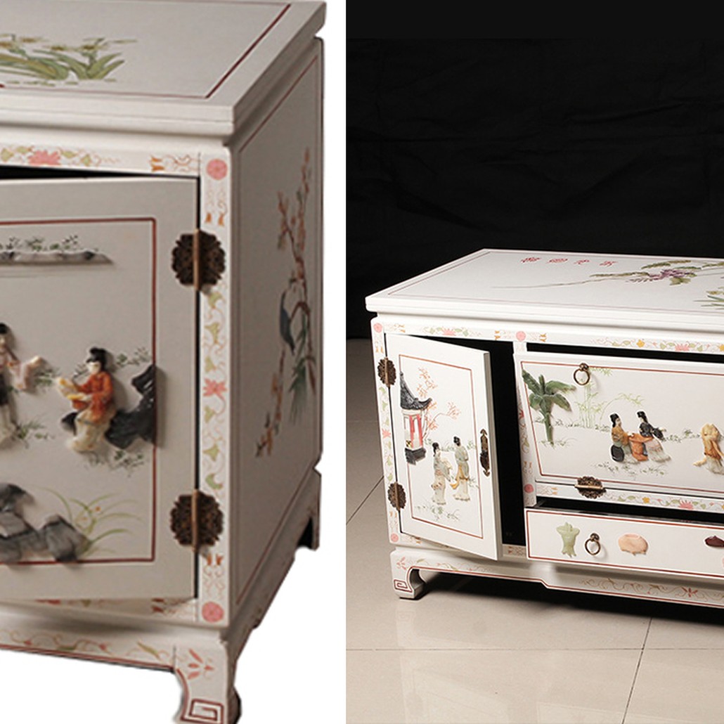 Белый Комод в Китайском стиле с каменным Барельефом Walk in the Garden Chinese Chest of Drawers