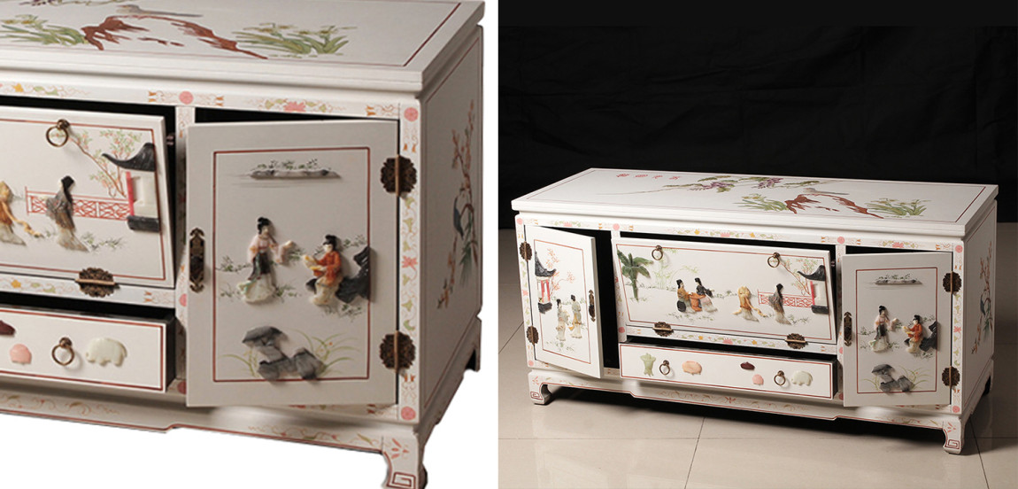 Белый Комод в Китайском стиле с каменным Барельефом Walk in the Garden Chinese Chest of Drawers