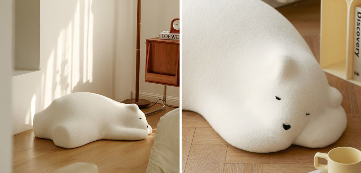 Белый пуф в детскую в виде спящего медведя