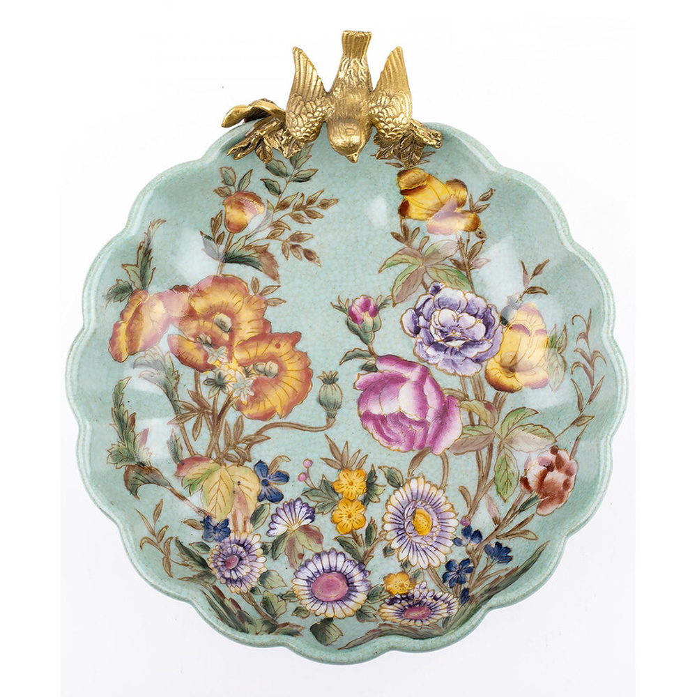 Блюдо из голубого фарфора с бронзовой птичкой Blue Garden