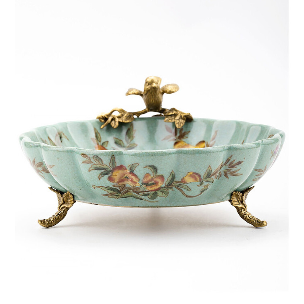 Блюдо из голубого фарфора с бронзовой птичкой Blue Garden