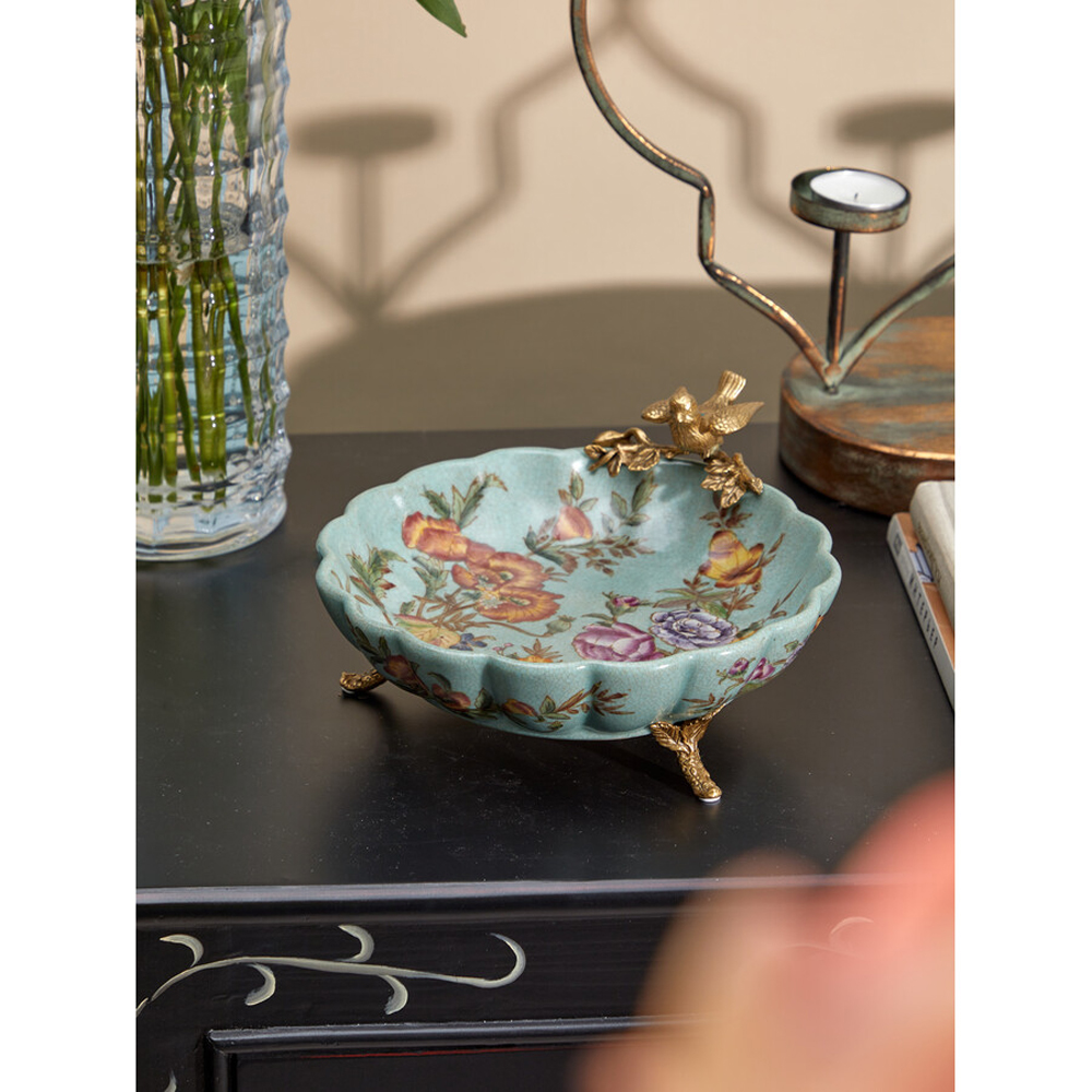 Блюдо из голубого фарфора с бронзовой птичкой Blue Garden