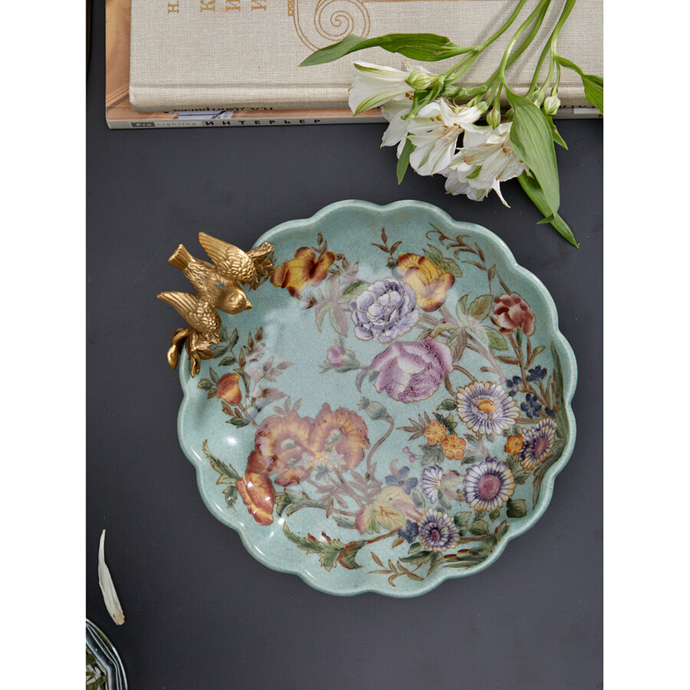 Блюдо из голубого фарфора с бронзовой птичкой Blue Garden