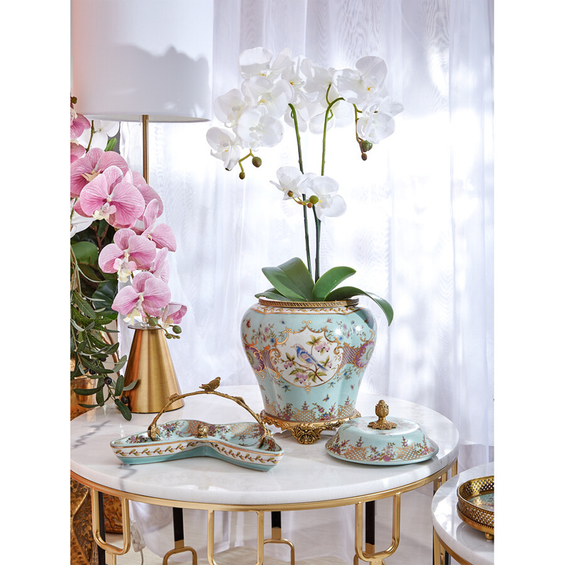 Блюдо из голубого фарфора с бронзовой ручкой в виде ветки Blue Garden