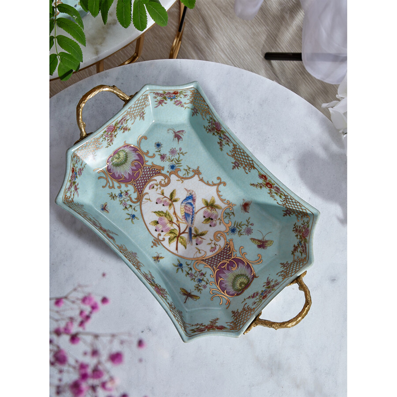 Блюдо прямоугольное из голубого фарфора с ручками и рисунком птиц и цветов Blue Garden