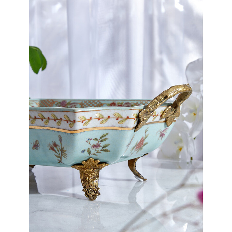 Блюдо прямоугольное из голубого фарфора с ручками и рисунком птиц и цветов Blue Garden