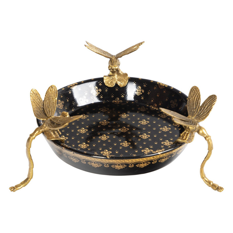 Блюдо черного цвета из фрафора на бронзовых ножках в виде стрекоз Eden Garden