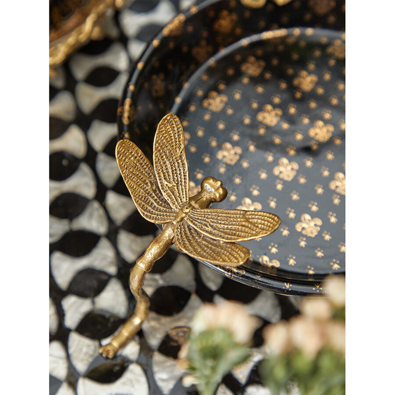 Блюдо черного цвета из фрафора на бронзовых ножках в виде стрекоз Eden Garden