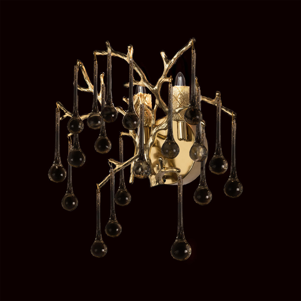 Бра в форме ветвей деревьев золотого цвета с прозрачными подвесками-каплями Droplet Bra