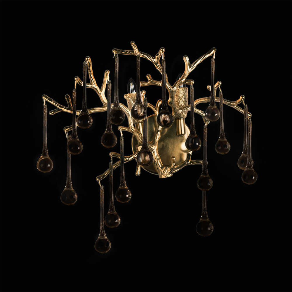 Бра в форме ветвей деревьев золотого цвета с прозрачными подвесками-каплями Droplet Bra