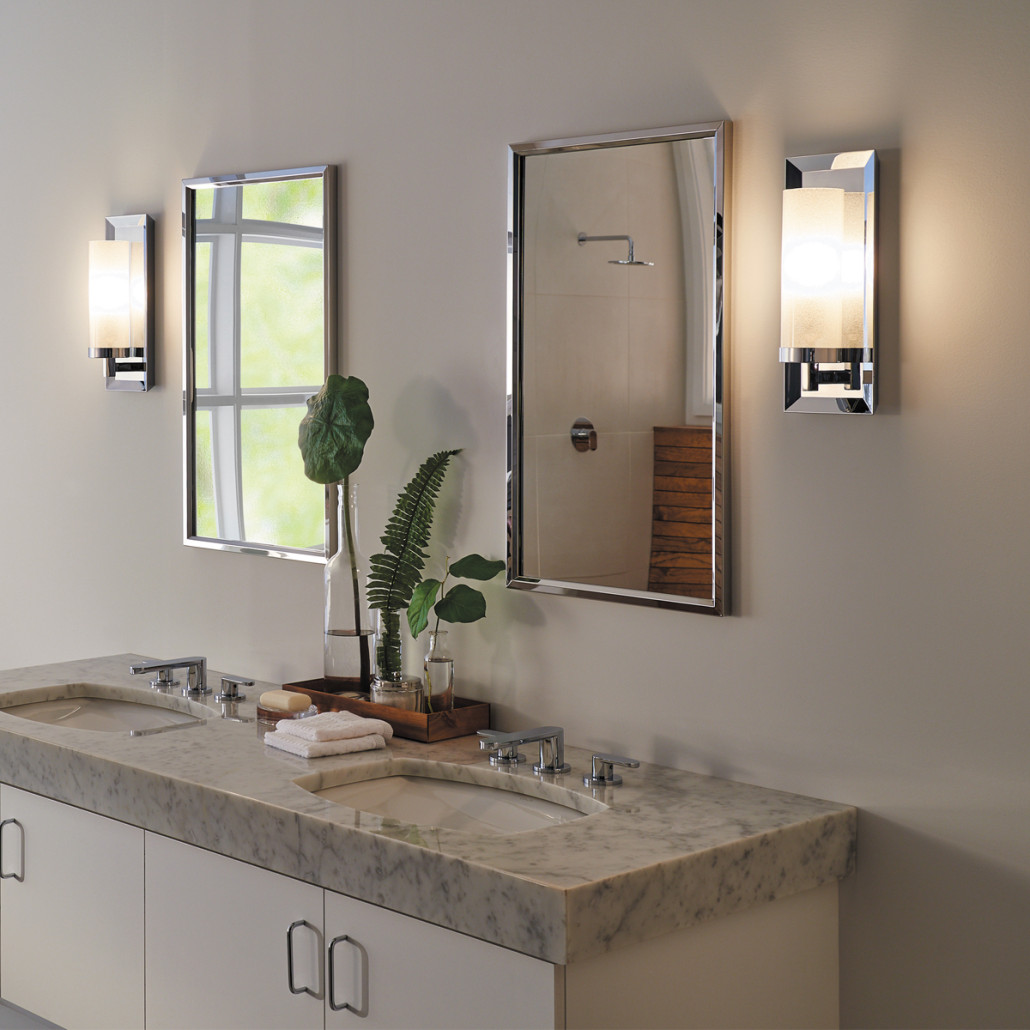 Бра для ванных комнат с цилиндрическим плафоном на прямоугольном зеркальном основании Feiss