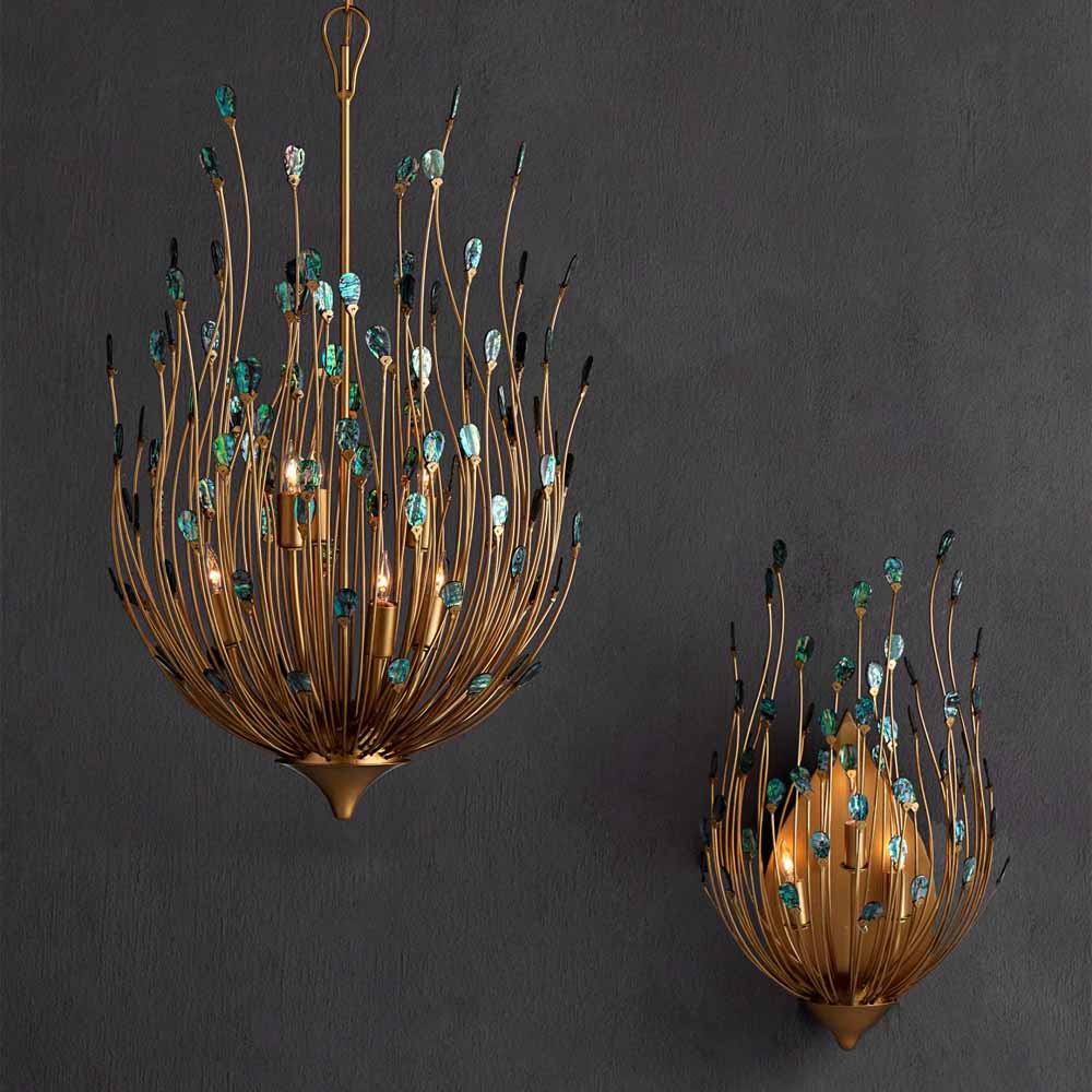 Бра настенное золотое с декором из бирюзовых элементов Peacock Tail
