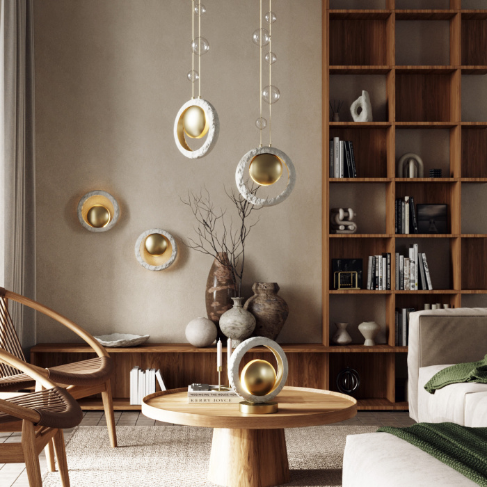 Бра с бежевым текстурным кольцом и латунным шаром в центре Tactile